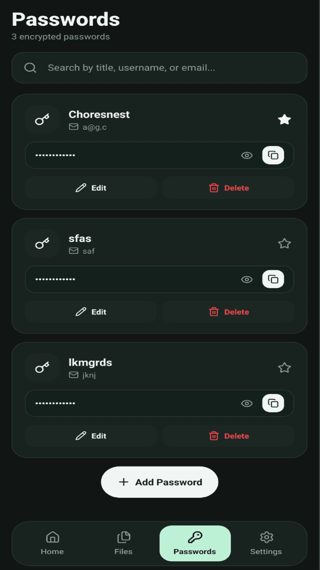 DryVault Passwords Screen showing encrypted credentials, copy and reveal buttons